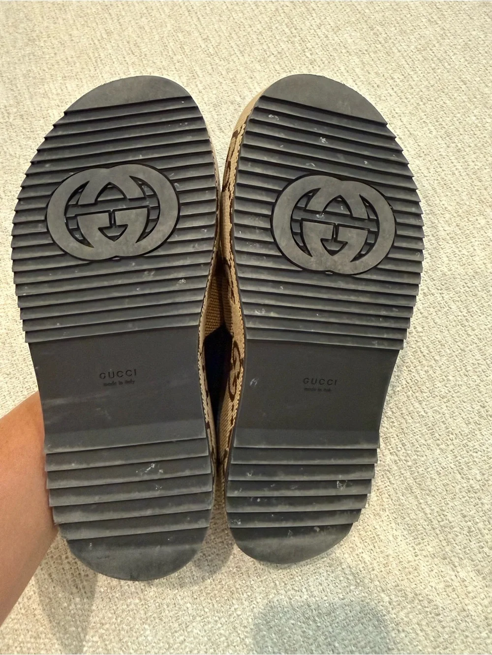 Gucci Black Leather Insole Brown GG Canvas Slingback Sandals